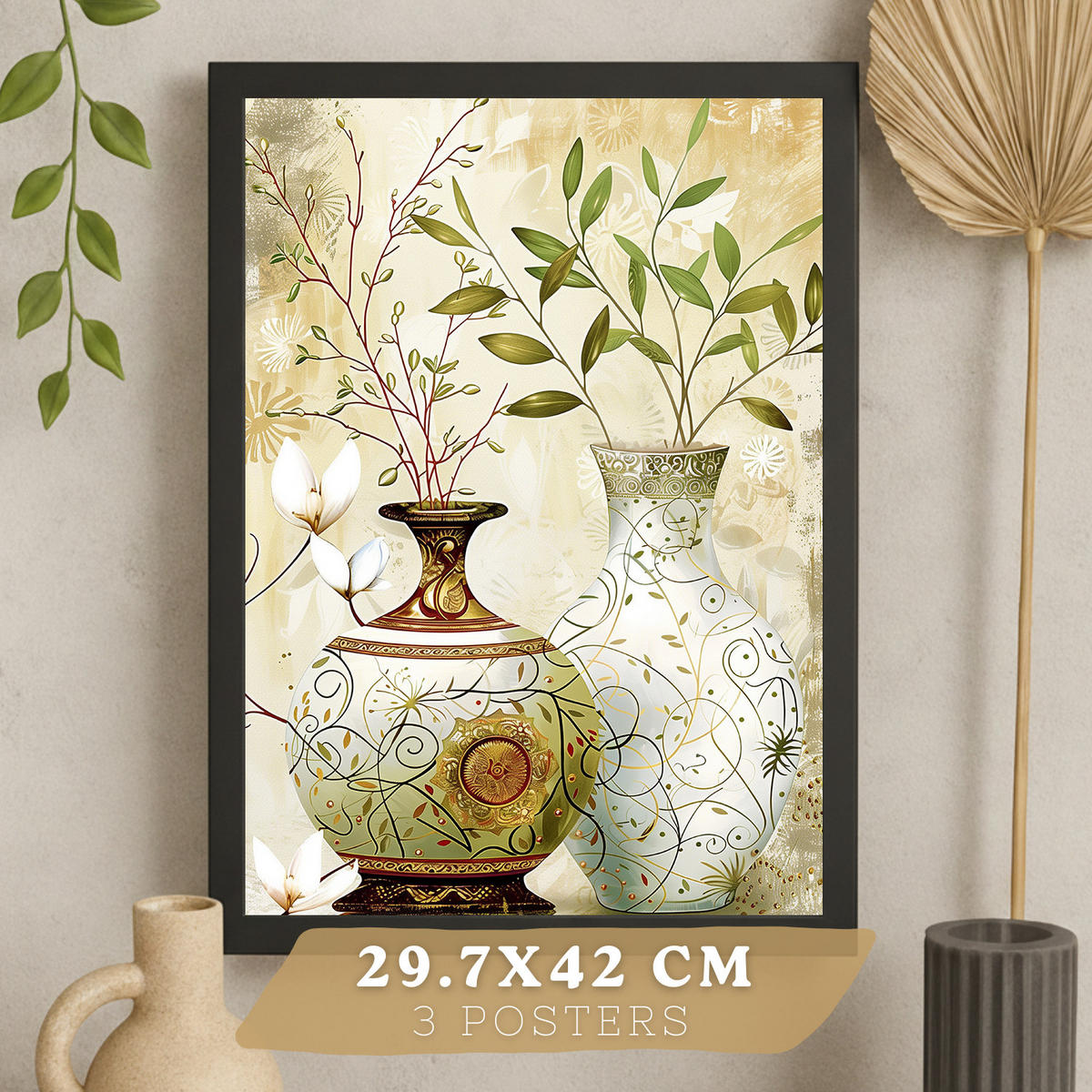 PLAKAT Sada 3 květinových potisků. Dekorativní nástěnné umění s klasickými květinami. Botanické nástěnné PLAKATy s přírodou. Velikost Černý rám A3 - černá, papír (29.7/42/3cm) - Nacnic