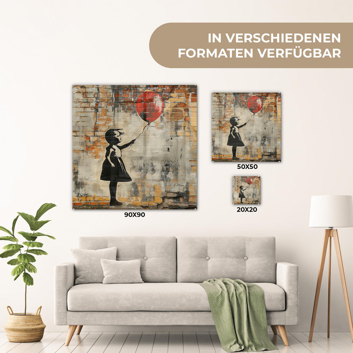 ACRYLGLASBILD Graffiti - Banksy - Mädchen - Straßenkunst 50x50 cm - Sandfarben, Glas (50/50cm) - MuchoWow