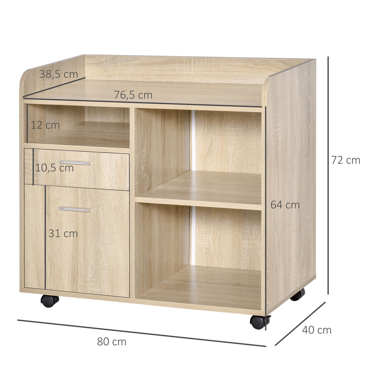 ROLLCONTAINER DE-14405 Eiche hell - Eichefarben, Holzwerkstoff (40/72/80cm) - ComfortXL