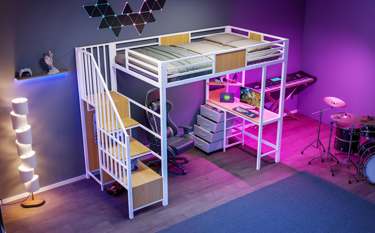 HOCHBETT 90/200 cm aus Metall und MDF mit Schreibtisch, Ablagen, Kleiderstange, LED und Steckdose Weiß - Weiß, Metall (90/200cm) - Modenvie