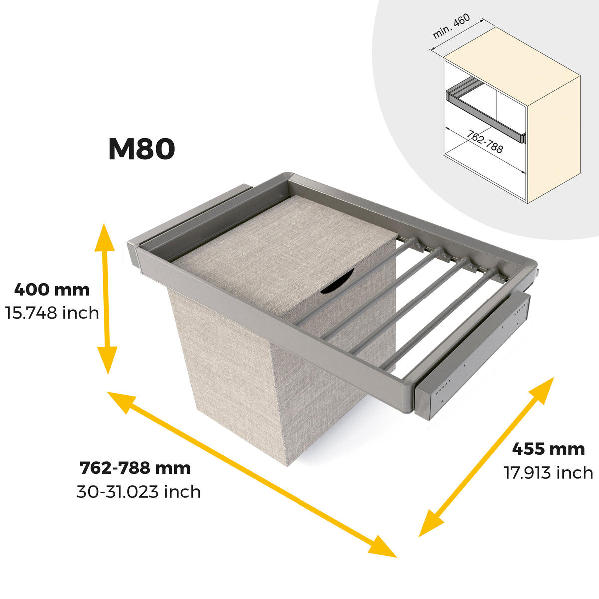 HOSENHALTER Mit 7 Stangen, Wäschekorb Und Rahmen Für Schrank Quartz, Soft-Close, Vollauszug, 80cm, Titan-Oberfläche - Titanfarben, Metall (45.5/40/78.8cm) - EMUCA