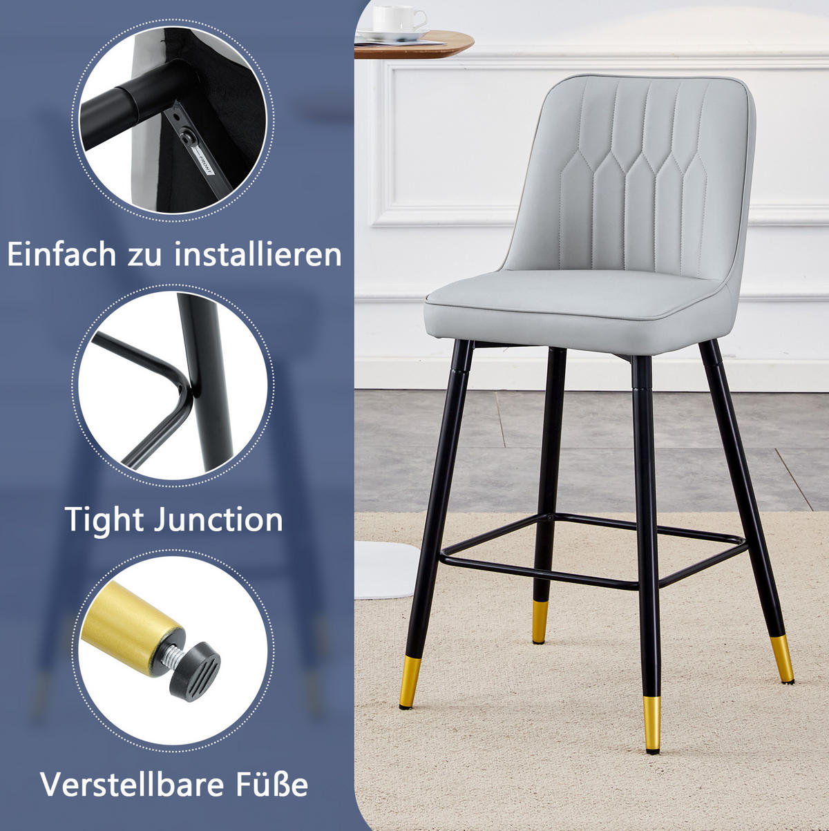 BARHOCKER 2er-Set 100 cm PU-Leder Hellgrau mit Metallgestell - Grau, Metall (45/100/42cm) - Meubliv