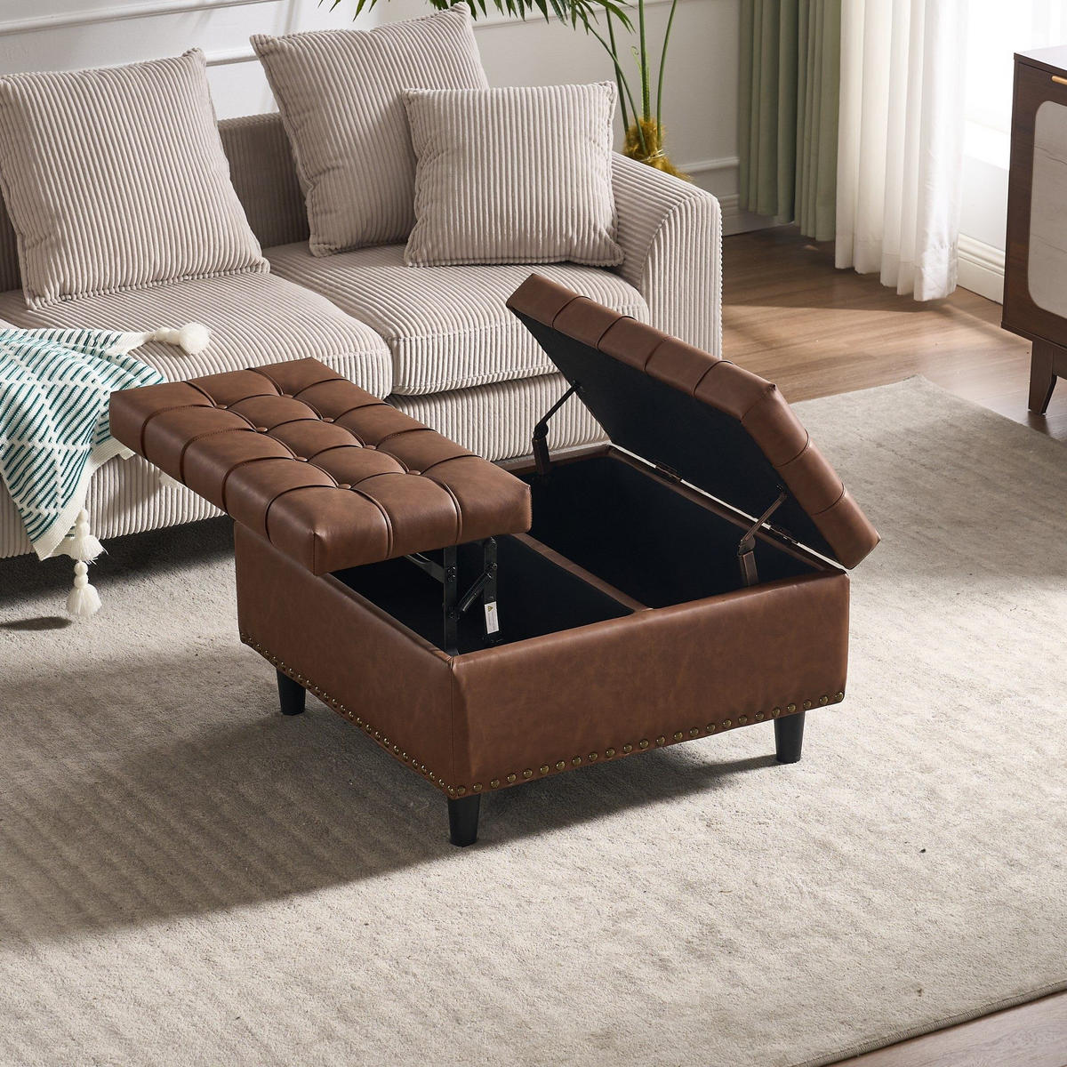 HOCKER Couchtisch,Aufbewahrungsstuhl,höhenverstellbar,PU-Leder,Braun - Braun, Metall (75/41/75cm) - LVHOM
