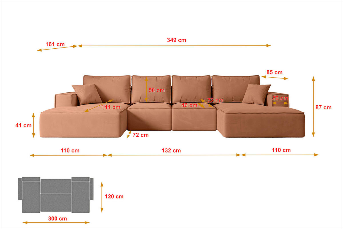 WOHNLANDSCHAFT mit Schlaffunktion und Bettkasten SIERRA-U-S - 349x161x87 cm Apricot Velours - Koralle/Schwarz, Holzwerkstoff/Kunststoff (349/87/161cm) - ALTDECOR