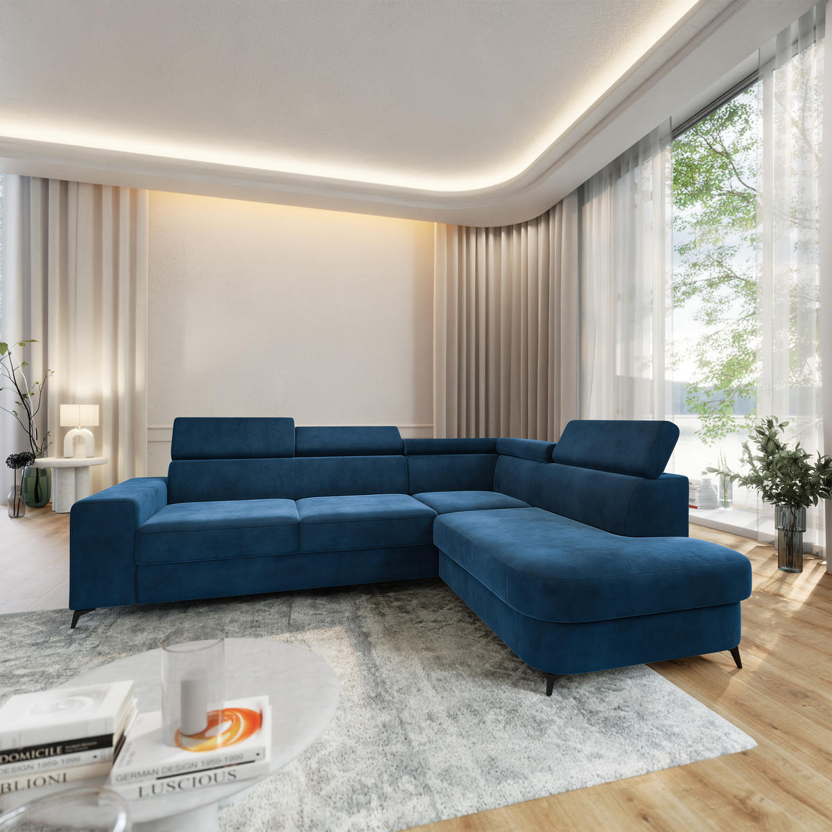 ECKSOFA ALVORO R-S Blau Velours-Stoff mit Schlaffunktion - Blau, Holz (253/190cm) - MASSENO