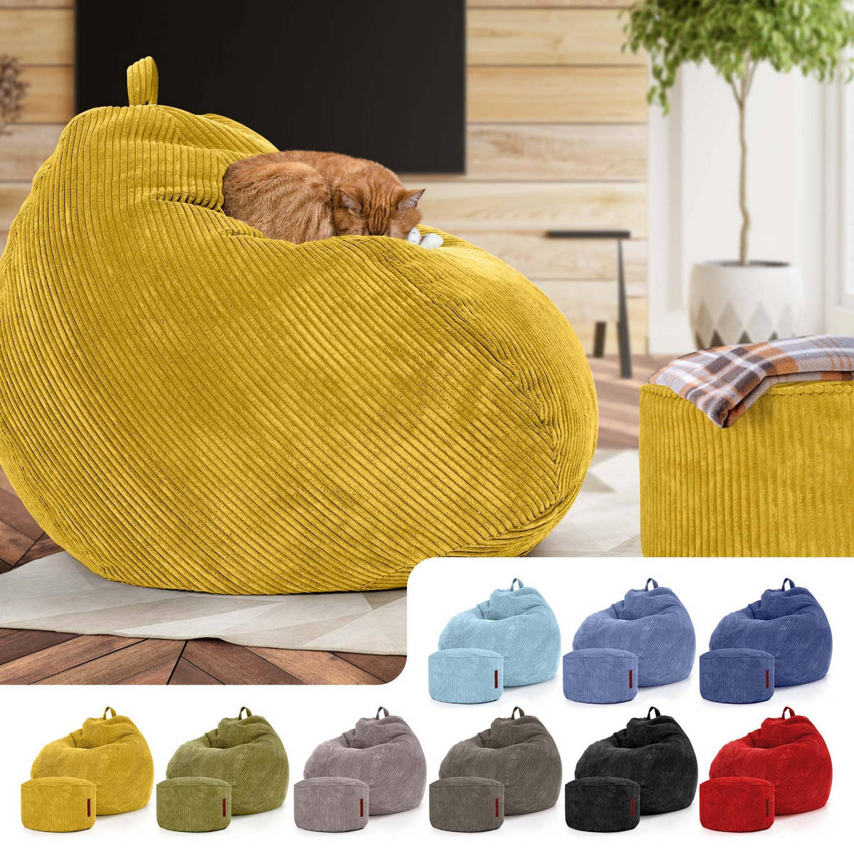 XXL-SITZSACK 2er Set + Pouf - Cordstoff - Gelb, Textil (90/110/90cm) - Green Bean