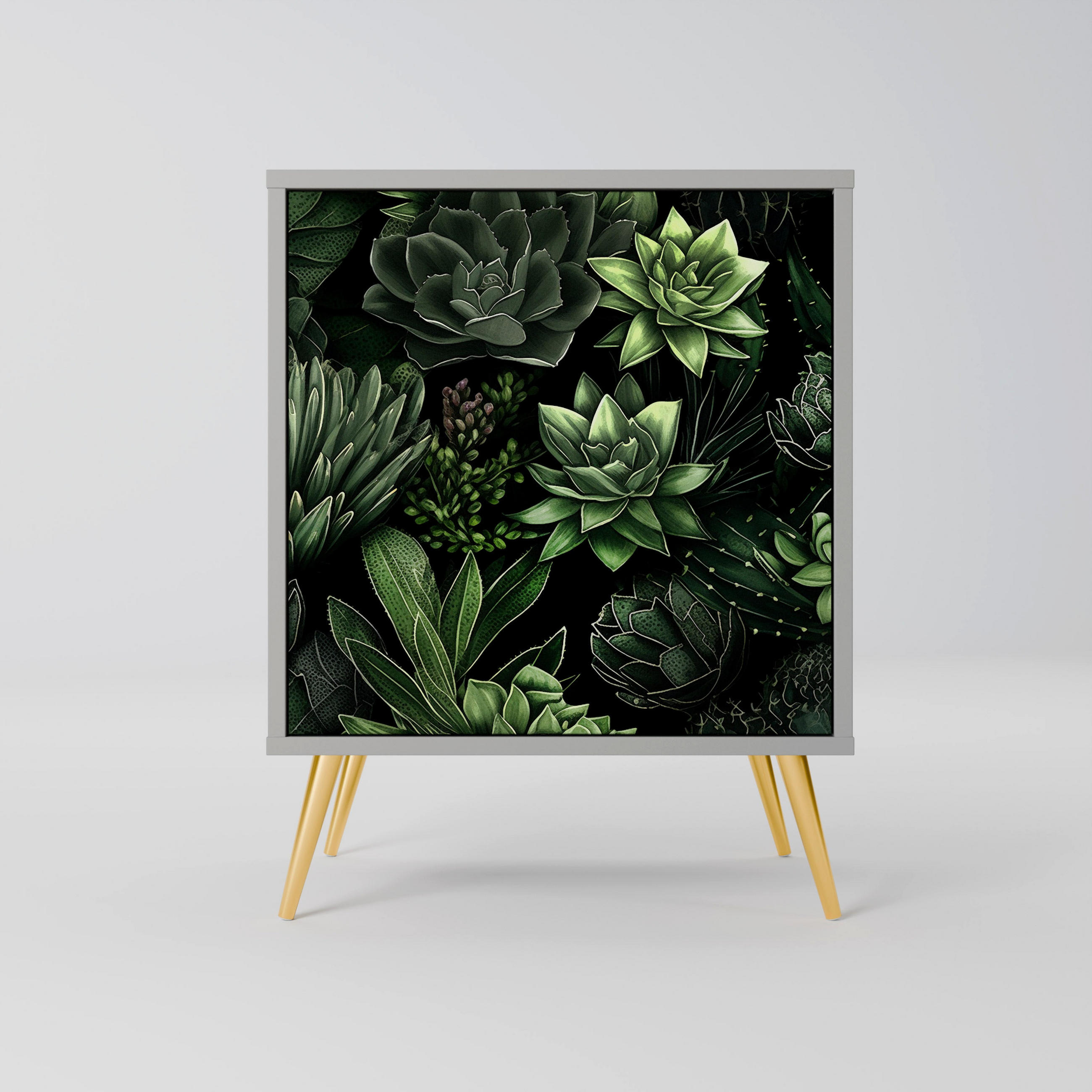 SIDEBOARD SUCCULENT JUNGLE, Grau, 57,5x42x75,5 cm, Goldfarbene Metallfüße - Goldfarben/Multicolor, Holzwerkstoff/Metall (57.5/75.5/42cm) - SpaceRebels