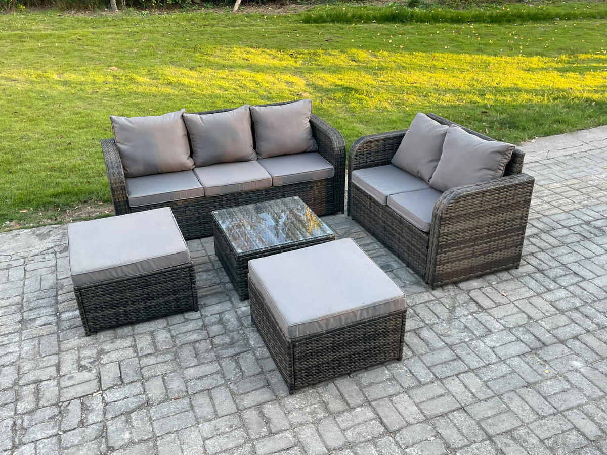 GARTENSOFA SET mit Couchtisch Polyrattan Dunkelgrau 5-teilige - Dunkelgrau/Grau, Glas/Kunststoff - Fimous