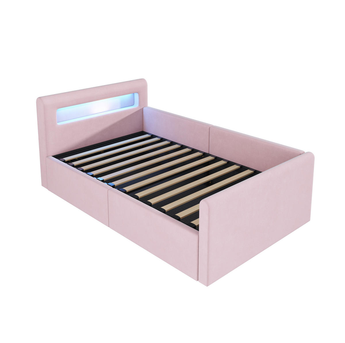 SAMT-POLSTERBETT 90/200 cm mit LED-Beleuchtung, Bettkasten und gepolstertem Kopfteil - Rosa, Textil (90/200cm) - BEAOK