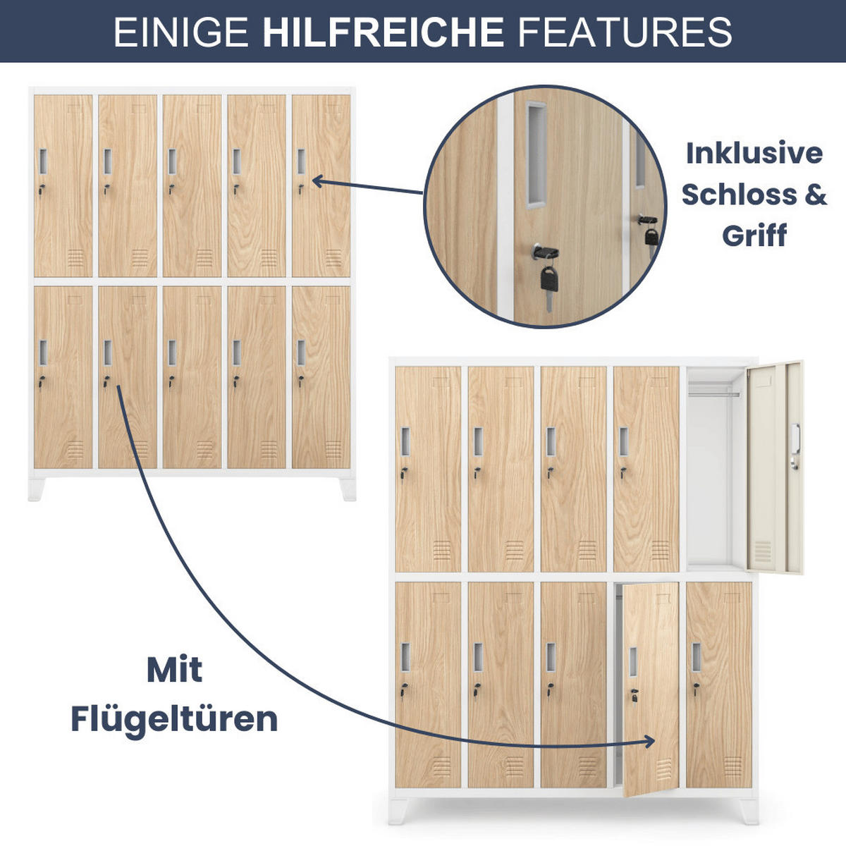UMKLEIDESCHRANK Spind BERLIN 10 Abteile 172x136x45cm Weiß-Sonoma Eiche - Weiß, Metall (136/172/45cm) - DELUKE