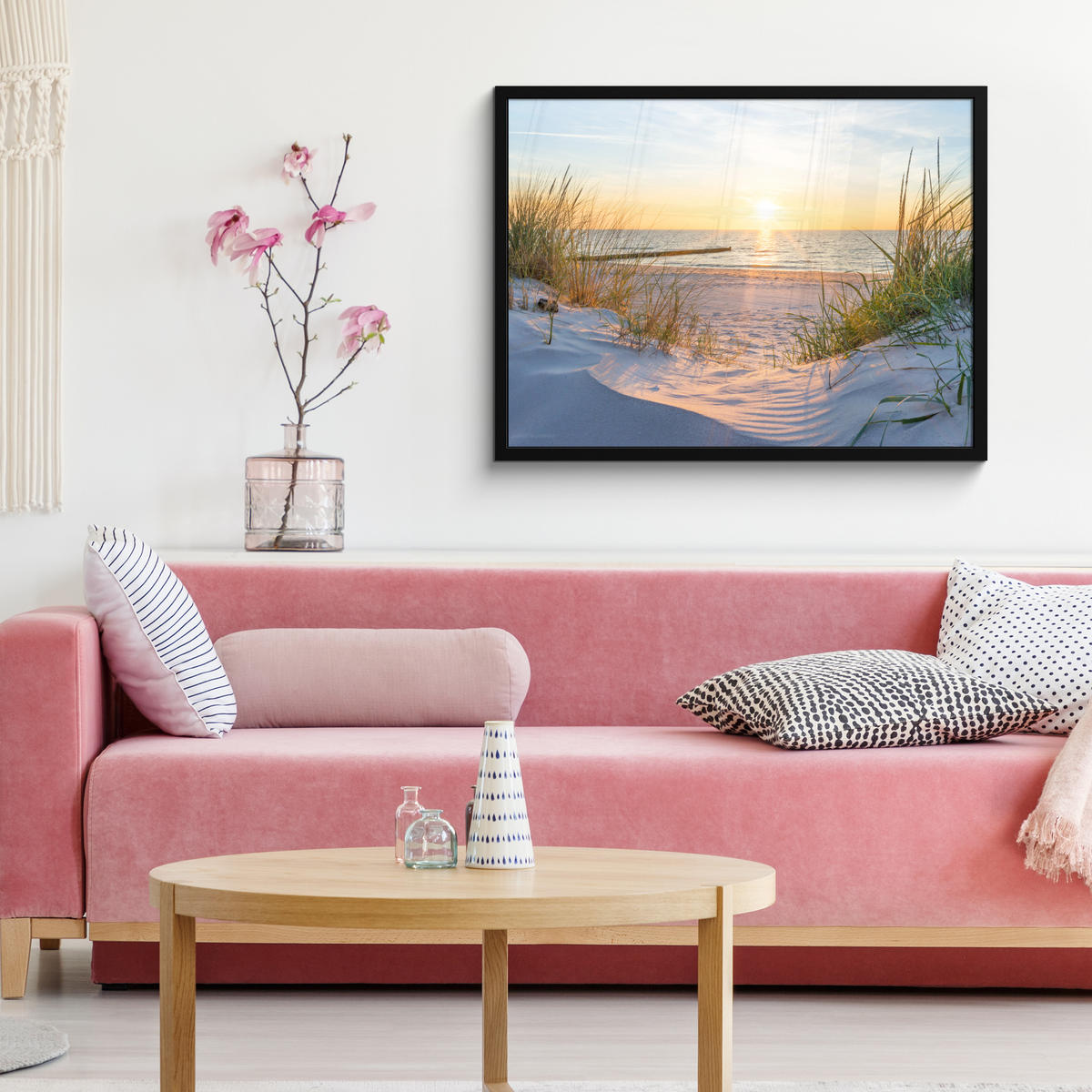 ZARÁMOVANÝ PLAGÁT Pláž - Slnko - Duny - Tráva - Piesok - Horizont 80x60 cm - svetlomodrá, papier (80/60cm) - MuchoWow