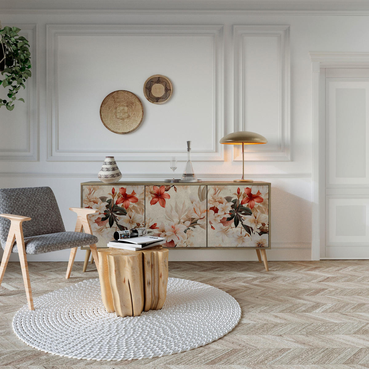 SIDEBOARD PETAL HARMONY, Eicheneffekt, 164,5x42x77,5 cm, 3 Türen - Eichefarben/Buchefarben, Holzwerkstoff/Buchenholz (164.5/77.5/42cm) - SpaceRebels