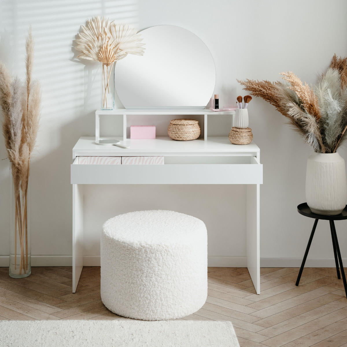 FRISIERTISCH mit 1 abgerundetem Spiegel 3 oberen Fächern und 1 großer Schublade 100/40/140 cm - Weiß, Holzwerkstoff (40/140/100cm) - Calicosy