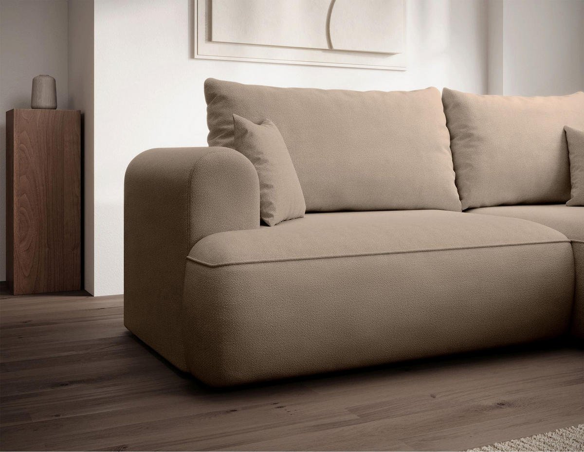 ECKSCHLAFSOFA Ovo Mini Beige Easy-Clean-Chenille-Bezug - Beige/Schwarz, Kunststoff/Textil (156/238cm) - Selsey