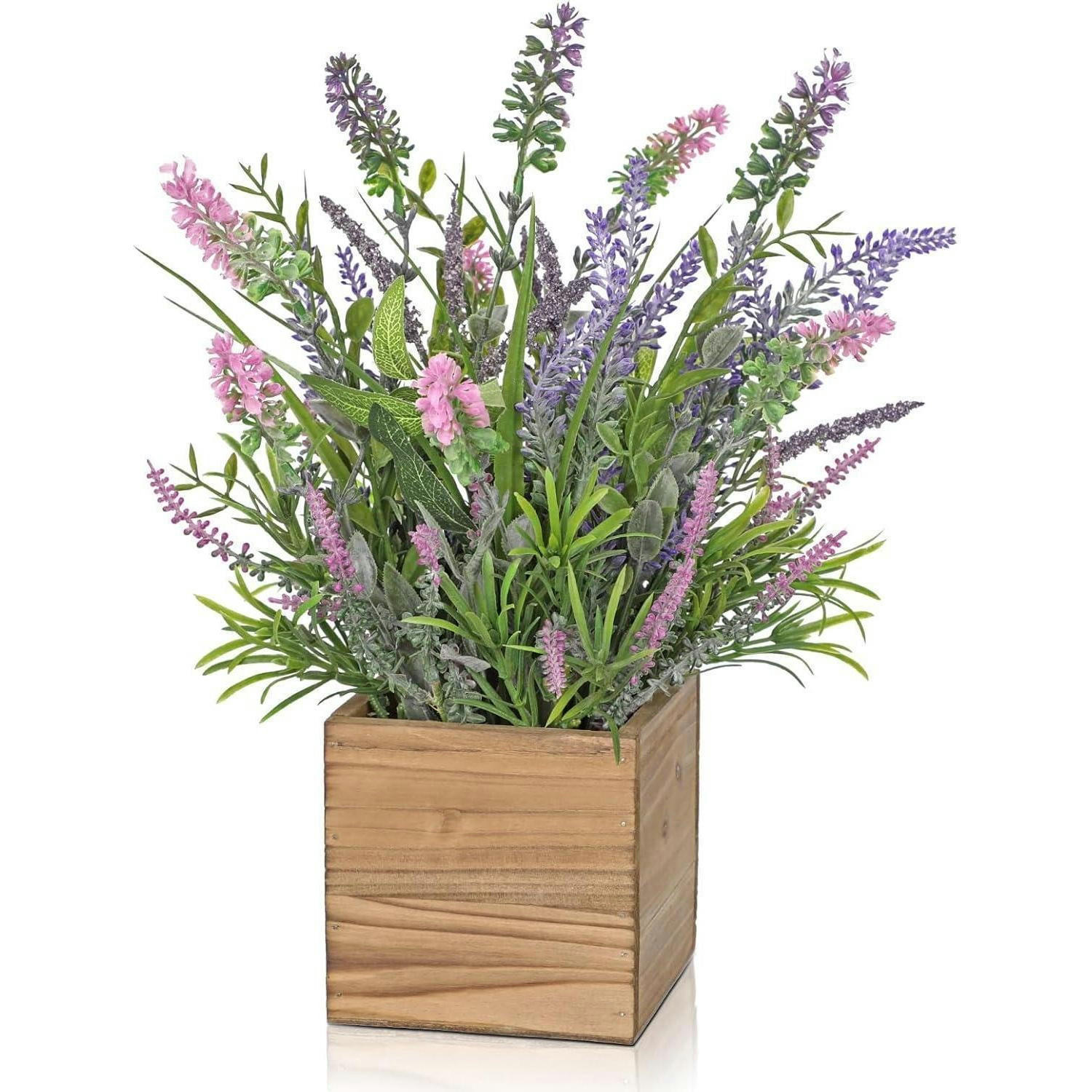 KUNSTPFLANZE Lavendel im Holztrog Shabby-Stil - Multicolor, Kunststoff (20cm)