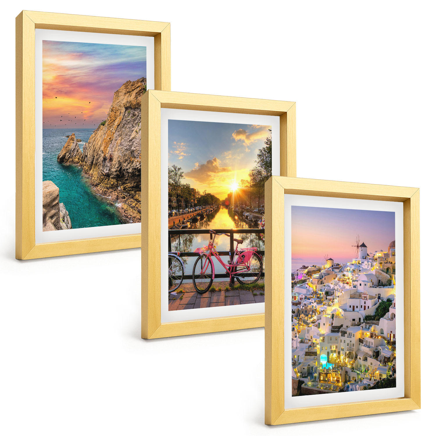 BILDER SET 3er Set - 20x30 cm Goldrahmen - Sonnenuntergang am Meer - Goldfarben, Kunststoff (20/30cm) - TULUP