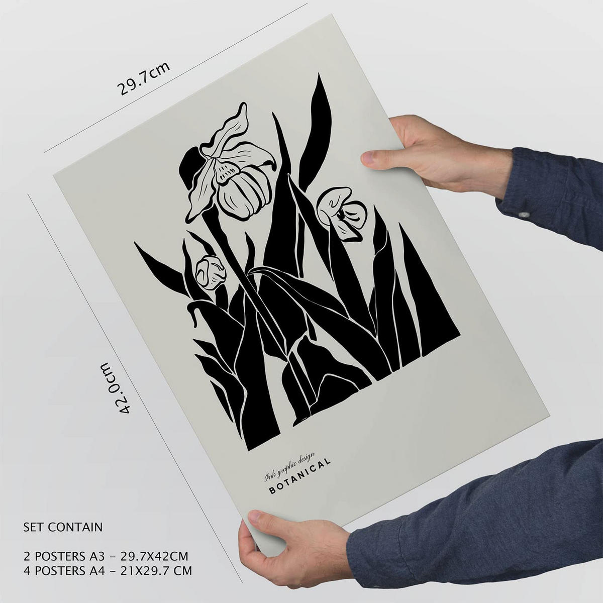 POSTER Set Mit 6 In Schwarzer Tinte Tropische Tinten Kunstdrucke Im Skizzenstil Für Innenarchitektur A3 & A4 Weißer Rahmen - Weiß, Papier (29/3cm) - Nacnic