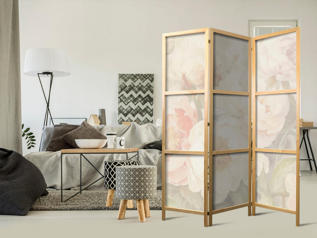 PARAVENT Japanischer 3-tlg 135x172 cm Pastellblumen - Beige, Holz/Textil (135/172/3cm) - Muralo