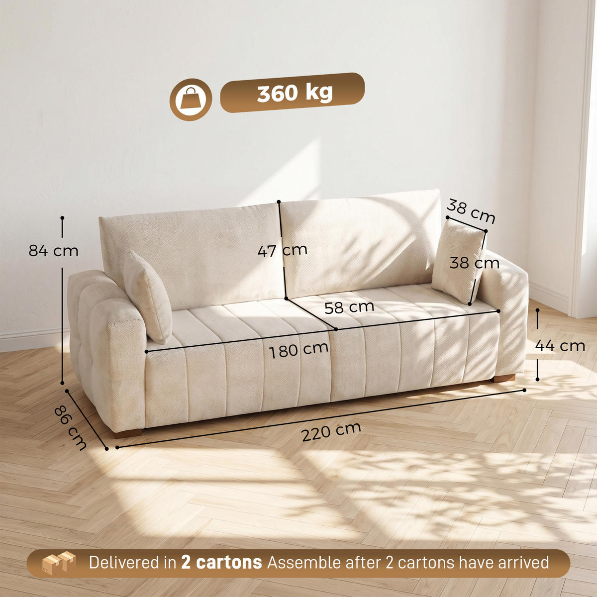 3-SITZER-SOFA Polyester Cremeweiß - Creme, Holz/Textil (86/84/220cm) - HOMCOM