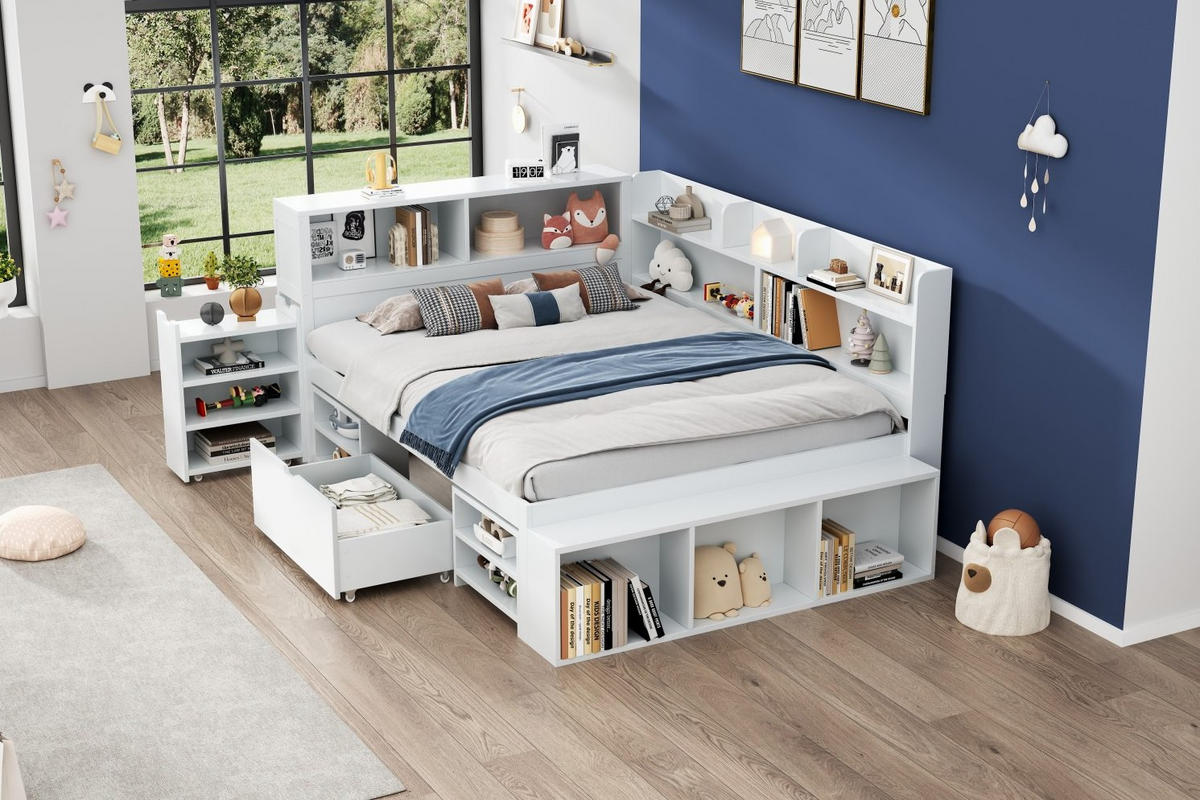 KINDERBETT 140/190 cm in Weiß aus Sperrholz mit Schubladen und Regalfächern - Weiß, Holz (140/190cm) - OKMYHOME