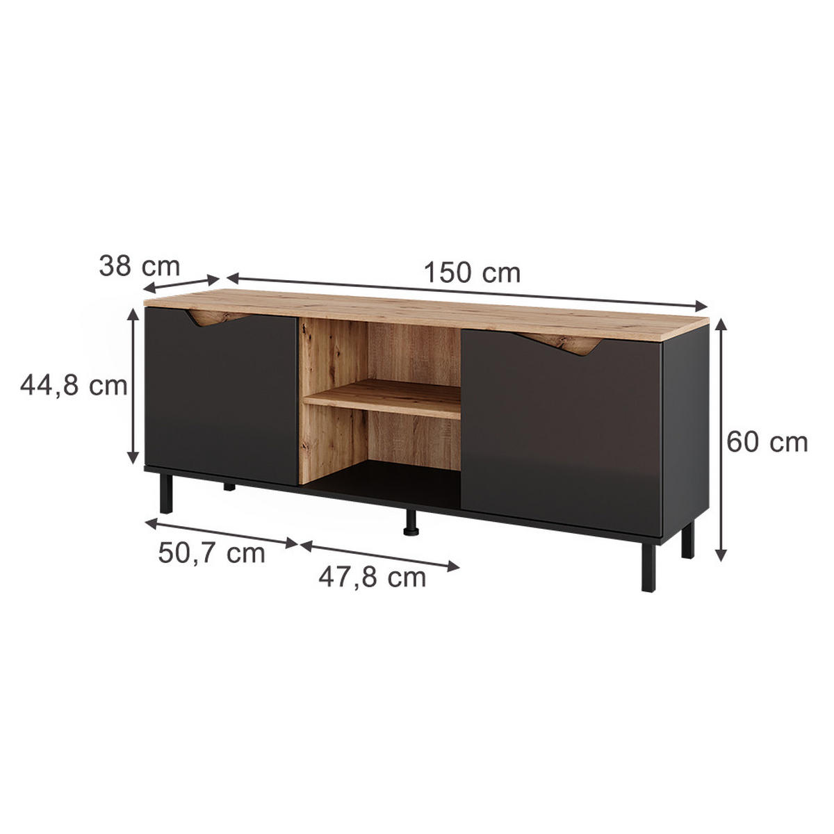 NÍZKÝ NÁBYTEK POD TELEVIZI Marelle Antracit/Artisan - světle šedá/antracitová, kompozitní dřevo (150/60/38cm) - Vicco