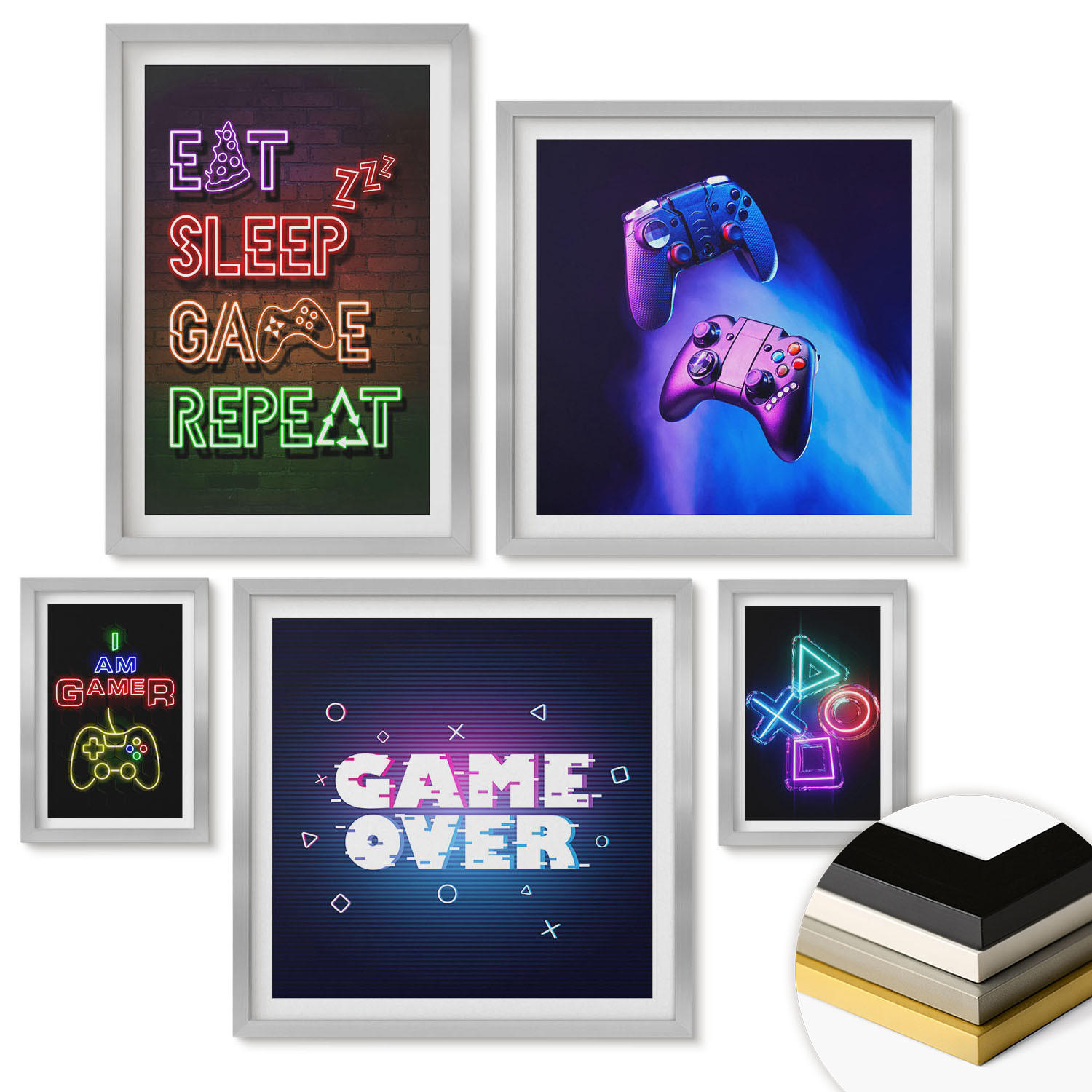 WANDBILDER 5er Set - 50x50 cm & 20x30 cm & 40x60 cm Silberner Rahmen - Gamepads, Spielersymbol-Untertitel - Silberfarben, Kunststoff (40/60cm) - ArtPrintCave