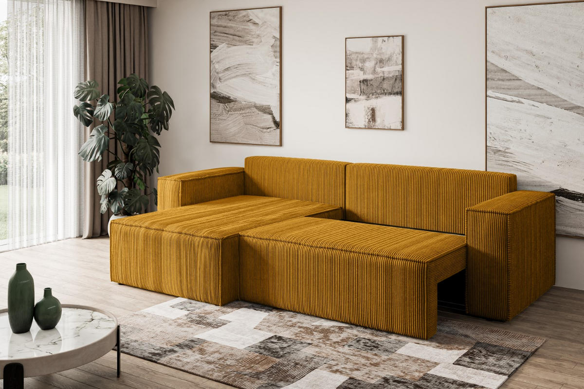 ECKSOFA mit Schlaffunktion und Bettkasten CELTIC-XL - 277x143x83 cm Senfgelb Cord - Gelb/Schwarz, Holzwerkstoff/Kunststoff (277/143cm) - ALTDECOR