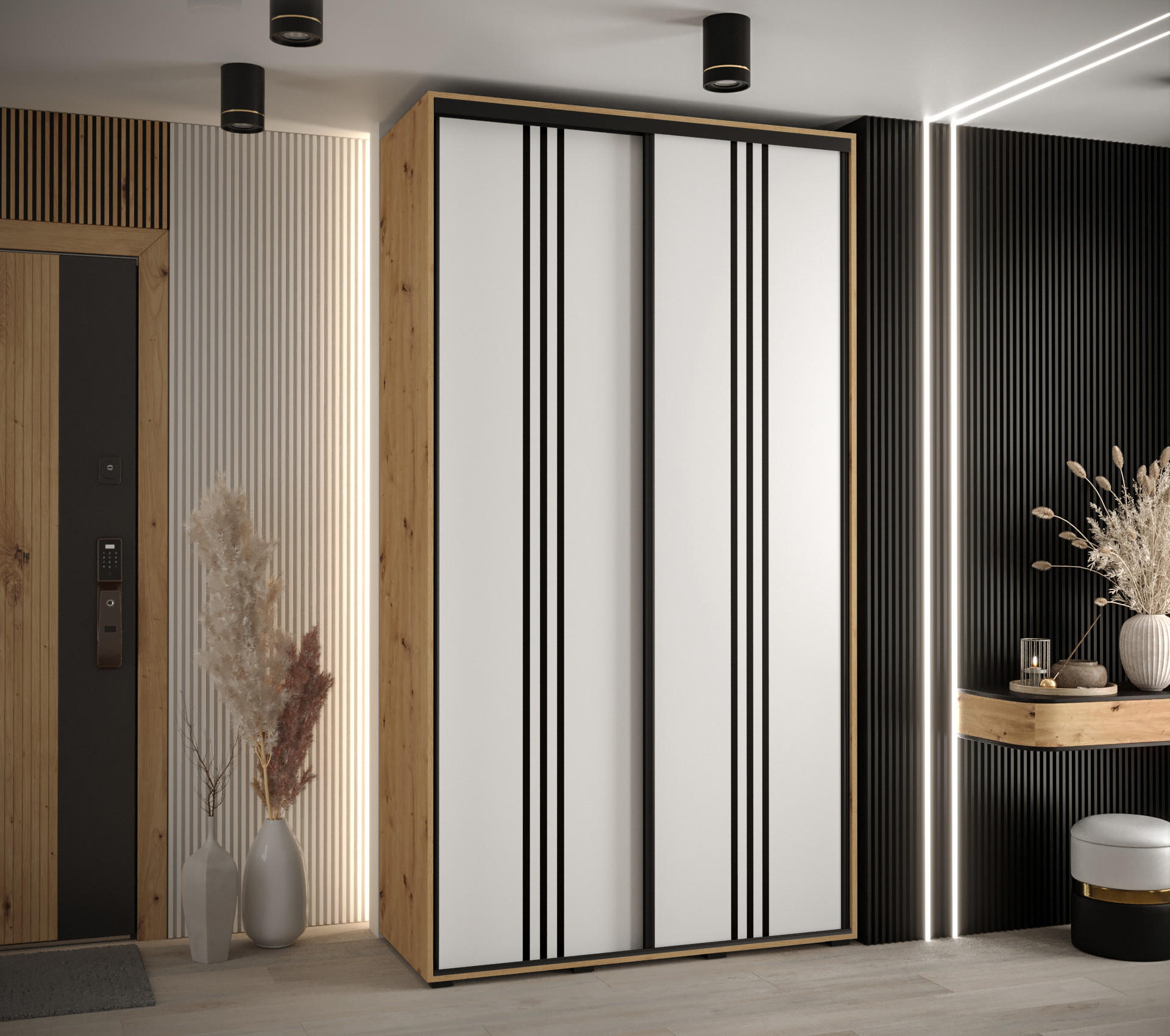 SCHWEBETÜRENSCHRANK 235,2/140/45 2-türig - Schwarz/Weiß, Holz/Metall (140/235/45cm) - Abiks Möbel