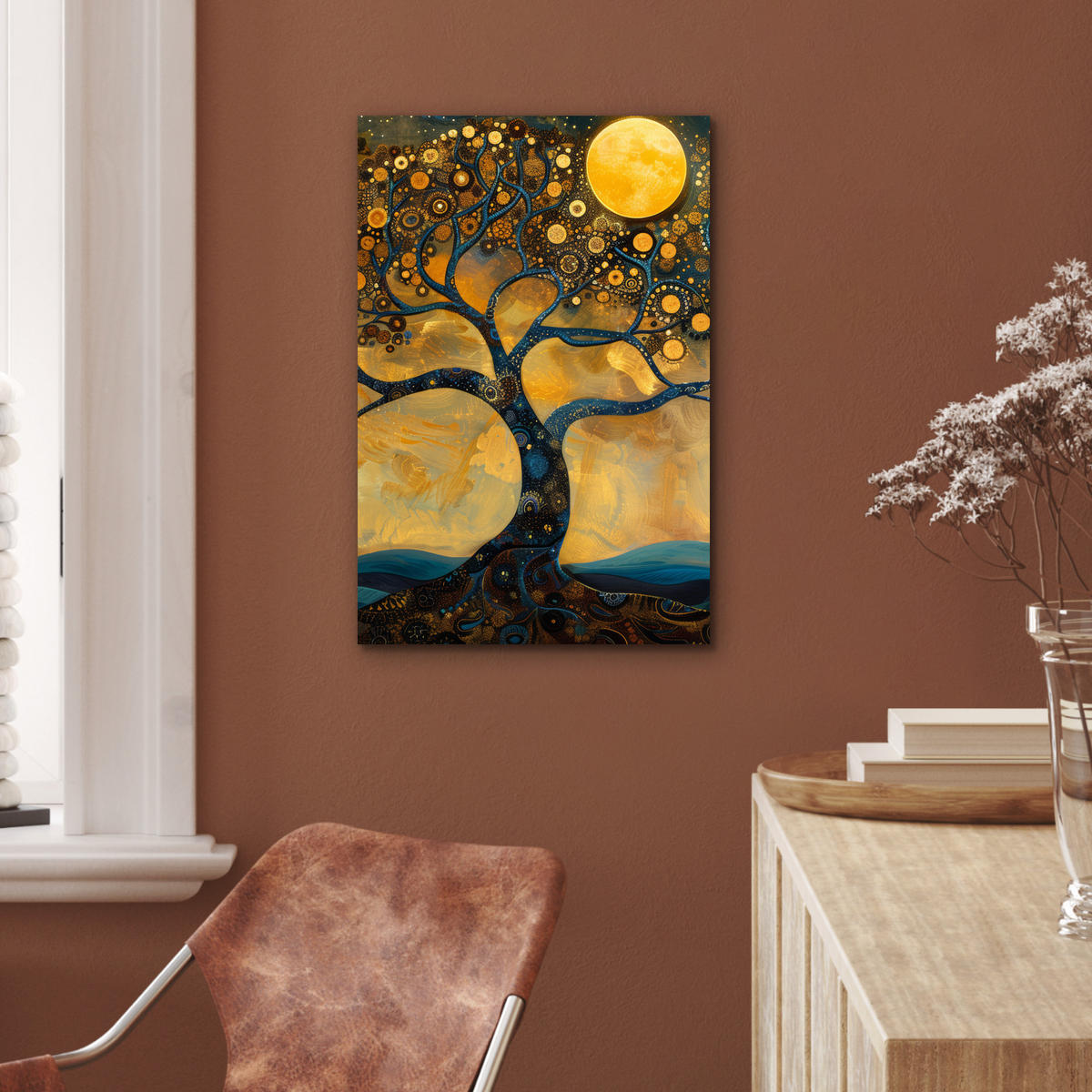 METALLBILD Baum - Mond - Blumen - Gold - Kunst 40x60 cm - Orange, Metall (40/60cm) - MuchoWow