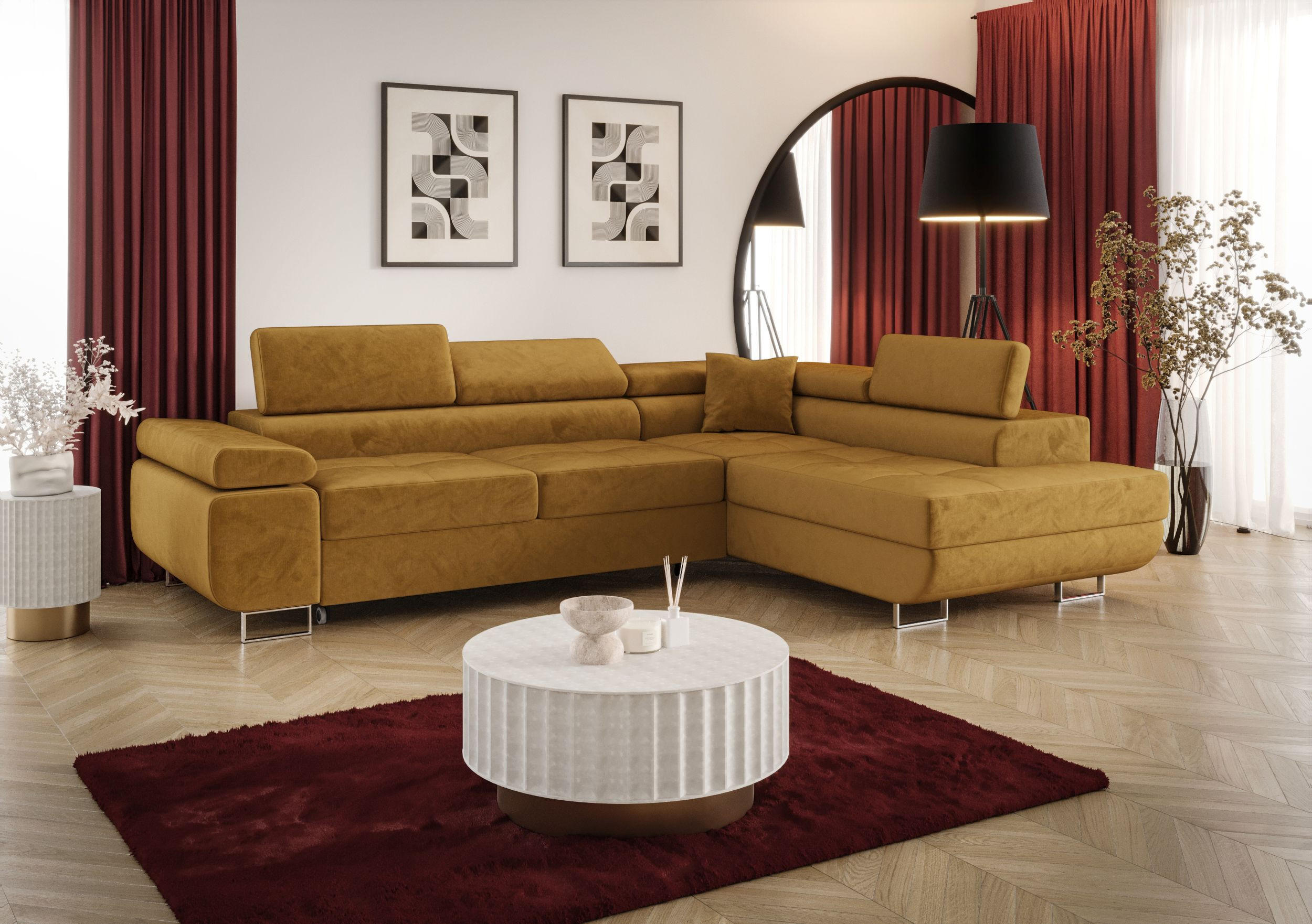 ECKSOFA EMILY mit Schlaffunktion Monolith 48 Rechts - Currygelb, Textil (275/200cm) - Bedante