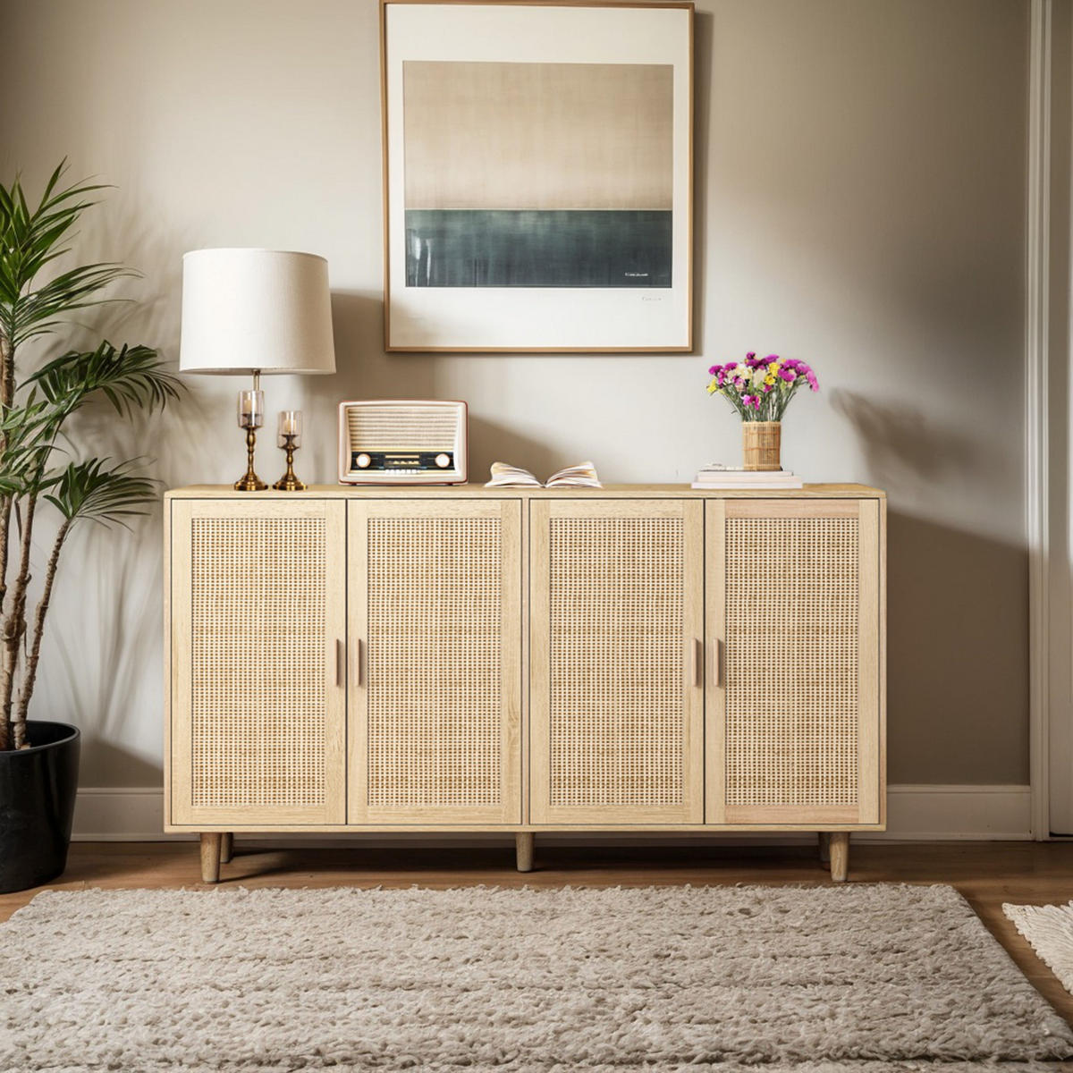 SIDEBOARD aus Spanplatte 158x40x88 cm Natur mit 4 Rattantüren und verstellbarem Einlegeboden - Naturfarben, Holzwerkstoff (158/88/40cm) - Modfu