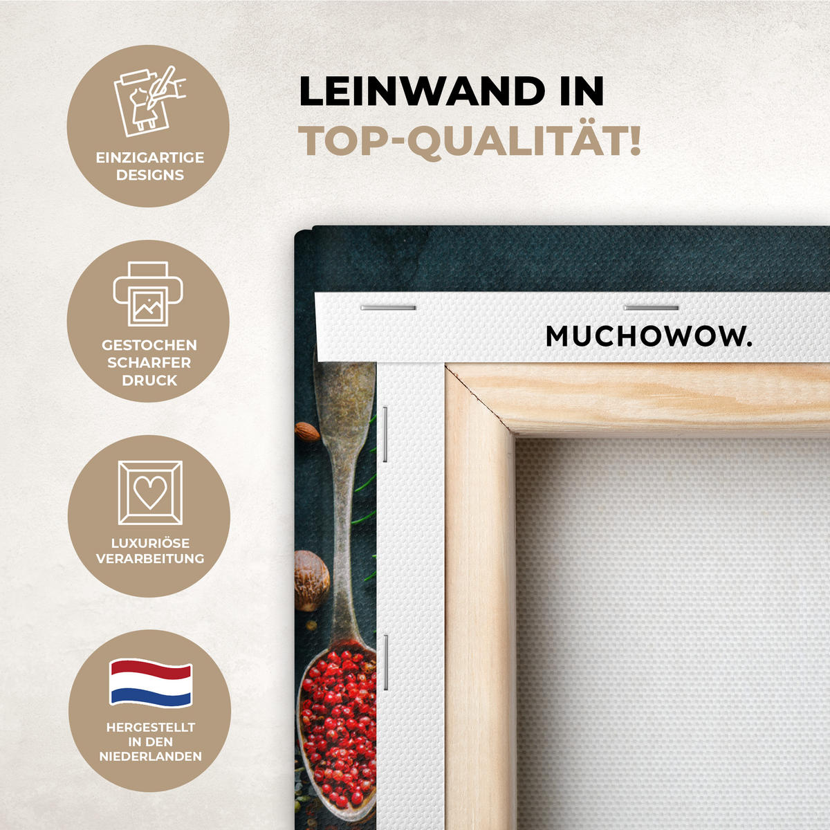 LEINWANDBILD Kräuter - Gewürze - Löffel Deko Wohnzimmer 20x30 cm - Currygelb, Textil (20/30cm) - MuchoWow