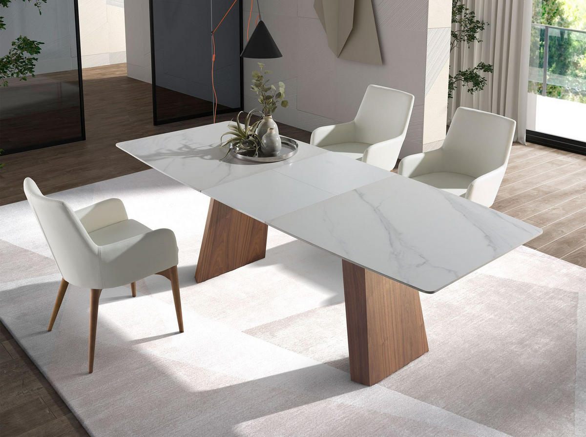 ESSTISCH Ausziehbarer Esstisch ovales Fass Porzellanmarmor aus Walnuss Ø180/90/76 cm - Walnussfarben/Weiß, Holz/Stein (90/180/76cm) - ANGEL CERDA