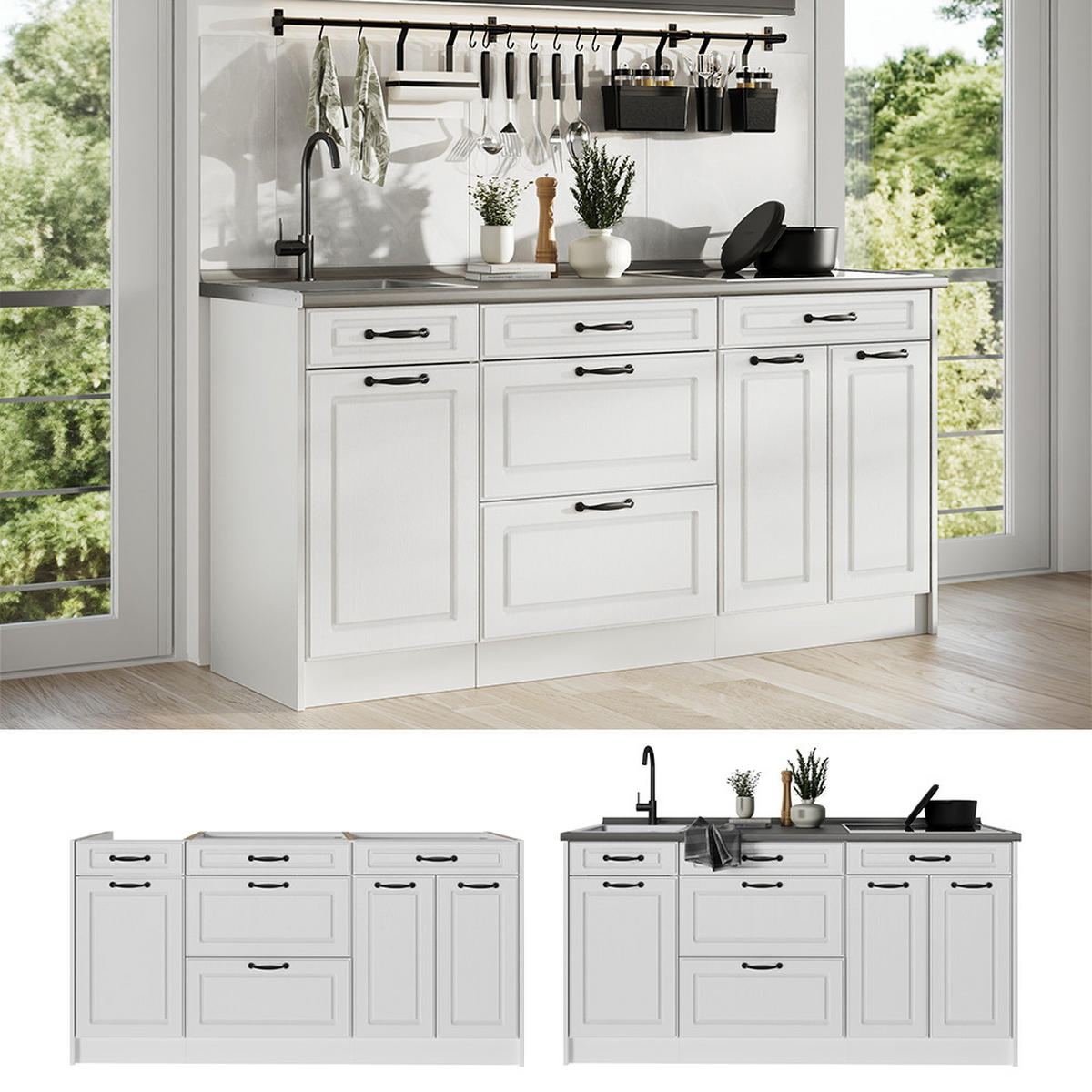 KÜCHENBLOCK R-Line, Weiß Landhaus/Weiß, 160 cm ohne Arbeitsplatte - Weiß, Holzwerkstoff (160/81.6/46cm) - Vicco