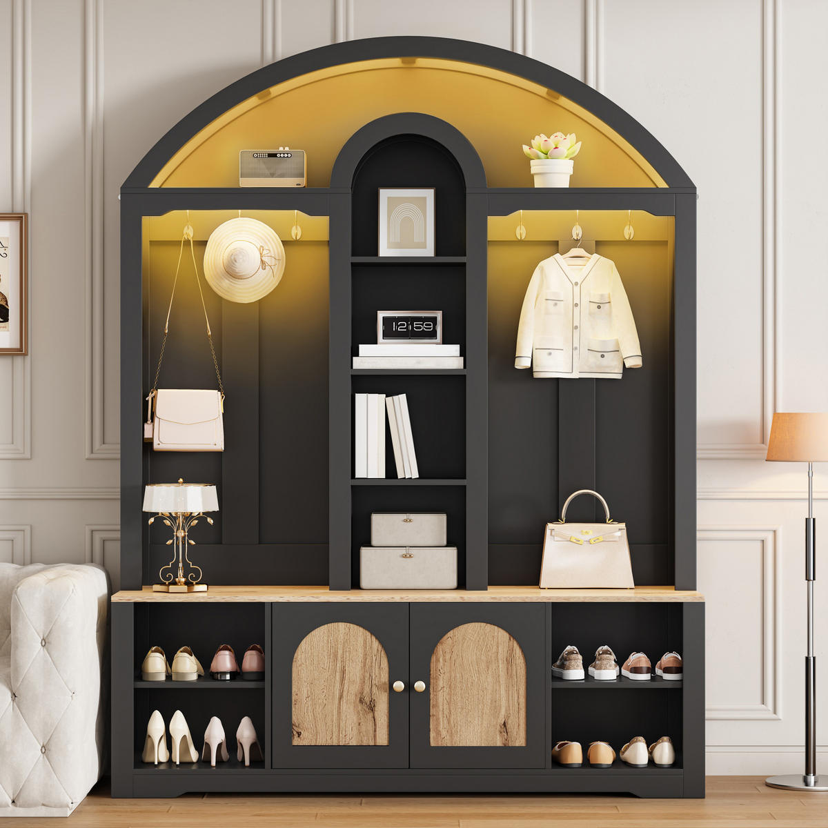 GARDEROBE Flur geschwungenes Design offene Regale LED Hakenleiste multifunktionaler Stauraum - Schwarz, Holzwerkstoff/Metall (150/195/40cm) - EVRYAE