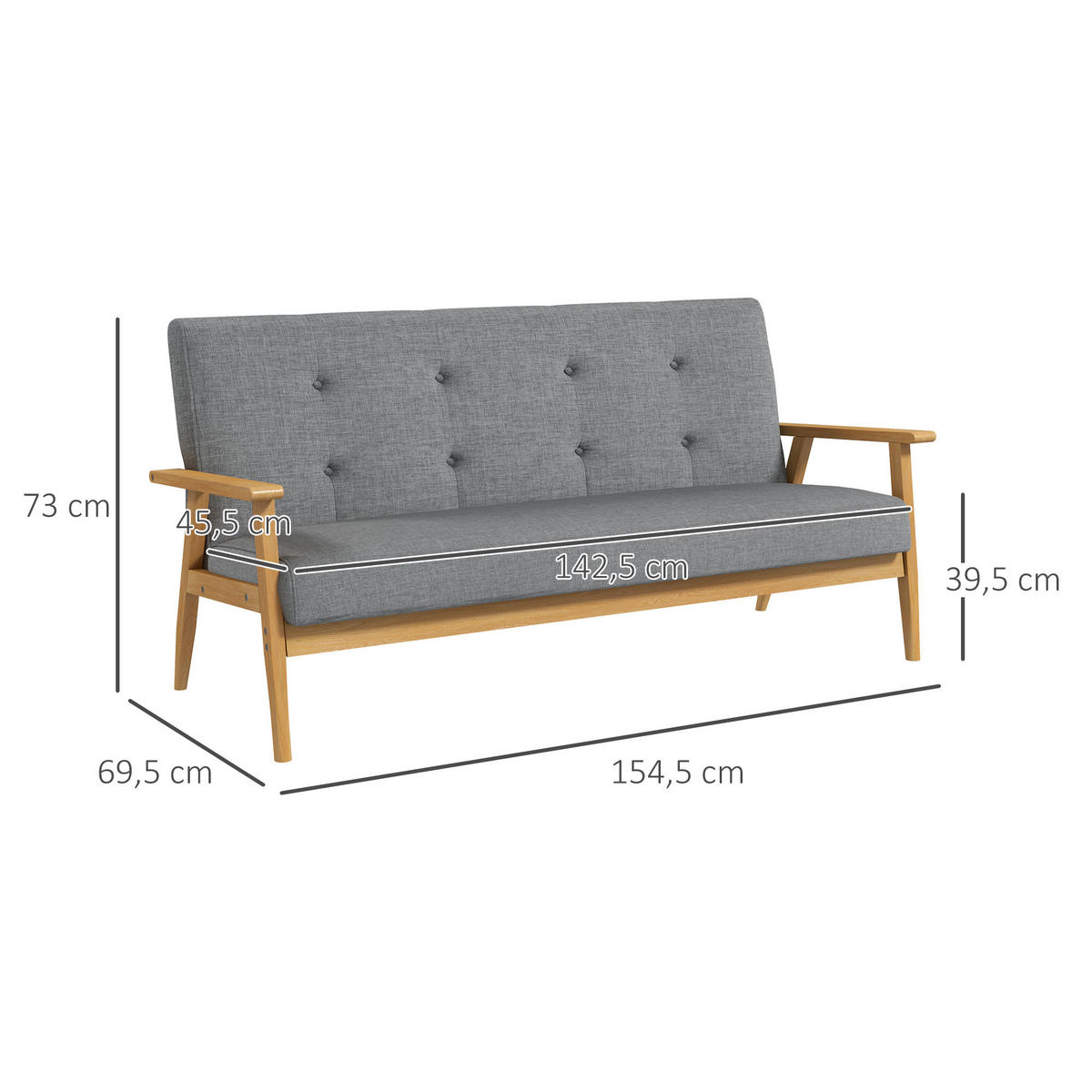 3-SITZER-SOFA Leinen Gummiholz Dunkelgrau - Dunkelgrau, Textil (69.5/73/154.5cm) - HOMCOM