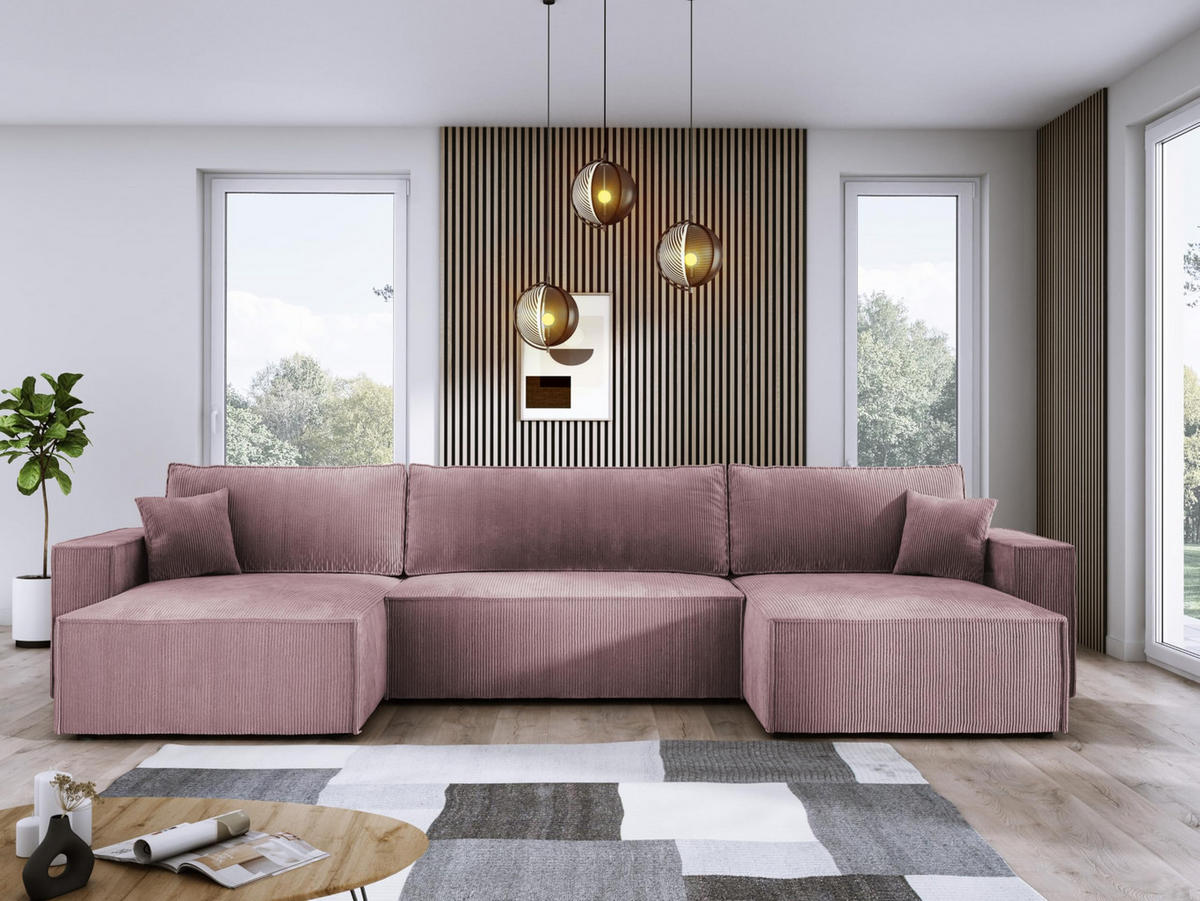 ECKSOFA Poso XXL U-förm, Schlaffunktion, weiche Kissen, Bettkasten, hochwertige Polsterung, lose Rückenkissen, freistehend, 377x143x83 cm Pink - Pink, Holz/Textil (377/83/143cm) - DomoHome