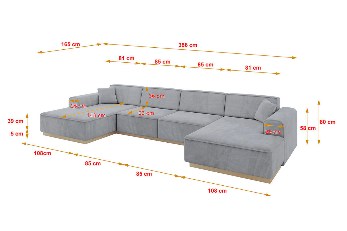 WOHNLANDSCHAFT IREA-U2 - 386x165x80 cm Grau - Titanfarben, Holzwerkstoff/Textil (386/80/165cm) - ALTDECOR