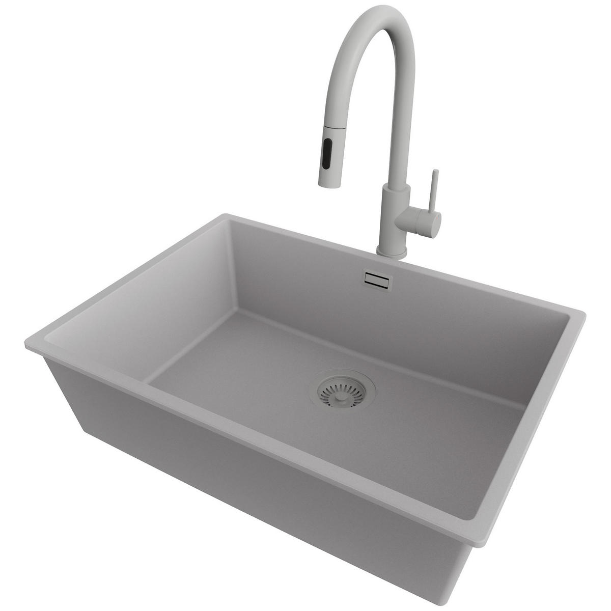 UNTERBAUSPÜLE GRANIT London, 2-er set Grau 66/47 cm 1 Becken + Küchenarmatur 40/20 cm + Ablauf-Set ab 70er Unterschrank - Grau, Kunststoff (66/20/47cm) - Primagran