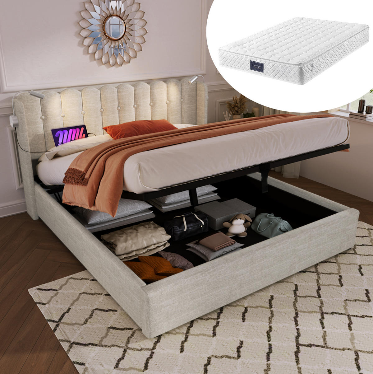 POLSTERBETT mit Bettkasten 140x200 cm Leinen Beige USB & Leselicht - Beige, Metall (140/200cm) - Meubliv