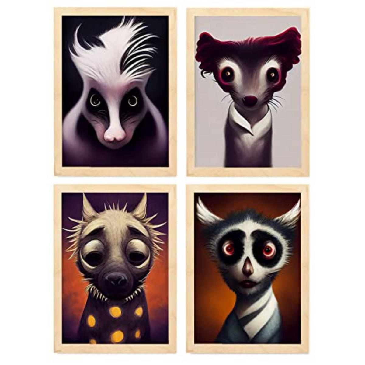 POSTER Set mit 4 Rot Tier im T Burton Goth Stil A3 Rahmen aus hellem Holz - Beige, Papier (29.7/3cm) - Nacnic