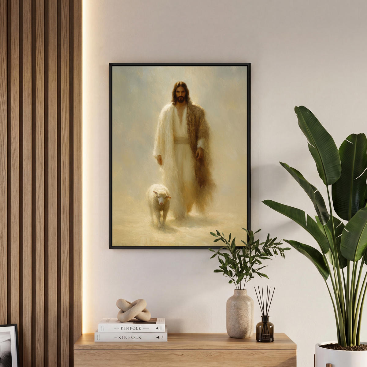 LEINWAND Bilder mit Rahmen - Schaf - Jesus - Pinselstriche - Abstrakt - 60x80 - Beige, Textil (60/80cm) - MuchoWow