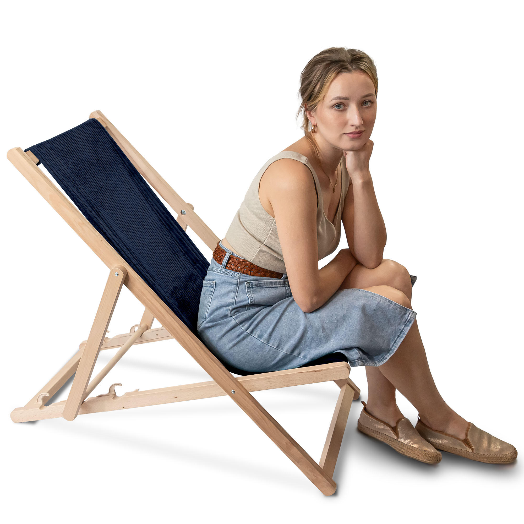 HOLZLIEGESTUHL klappbar Buchenholz Cord-Gewebe Blueberry Pie M - Dunkelblau, Holz/Textil (54/85/92cm) - Dreamroots