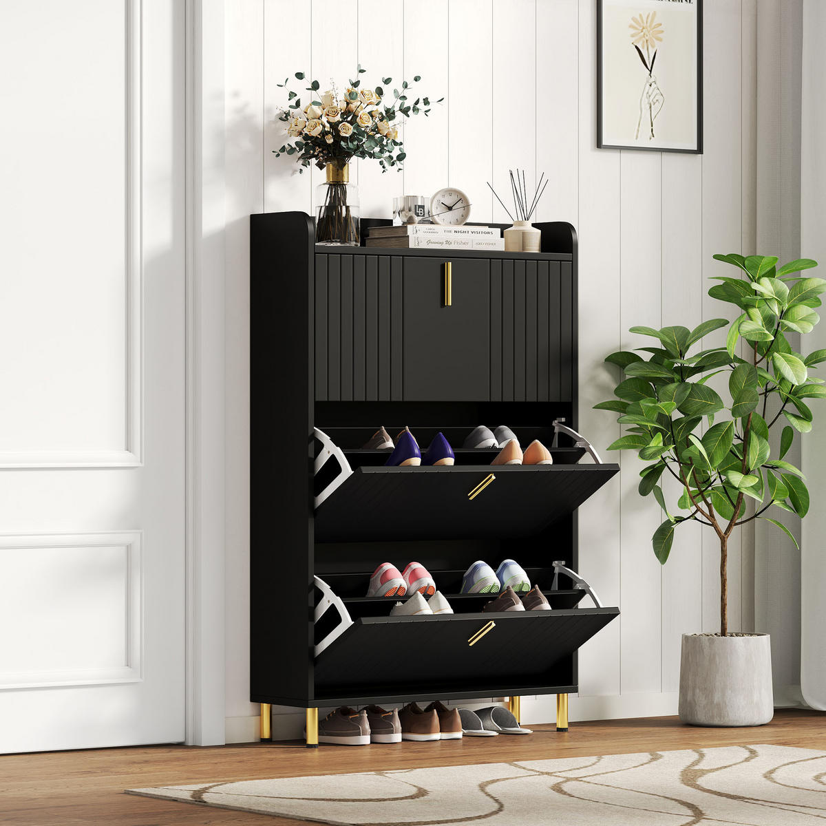 SCHUHSCHRANK Schwarz 3 Klappen 6 Fächer 80x23.5x123.5cm schmal - Schwarz, Holzwerkstoff (23.5/123.5/80cm) - FLIEKS