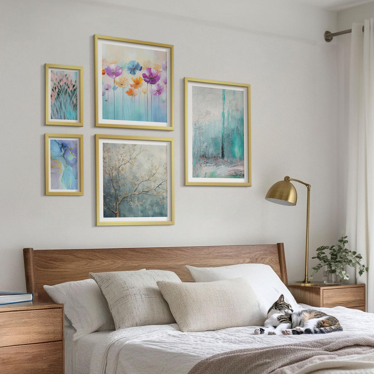 WANDBILDER 5er Set - 50x50 cm & 20x30 cm & 40x60 cm Goldrahmen - Leuchtturm, Landschaft, Mädchen, Pferd - Goldfarben, Kunststoff (40/60cm) - ArtPrintCave