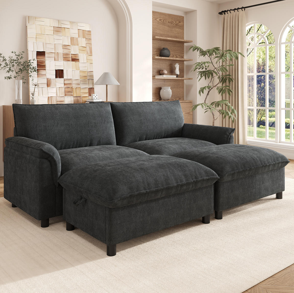 SOFA mit Fußhocker und Stauraum 216 x 77 x 82 cm Chenille Schwarz - Schwarz, Holzwerkstoff (77/82/216.1cm) - Meubliv
