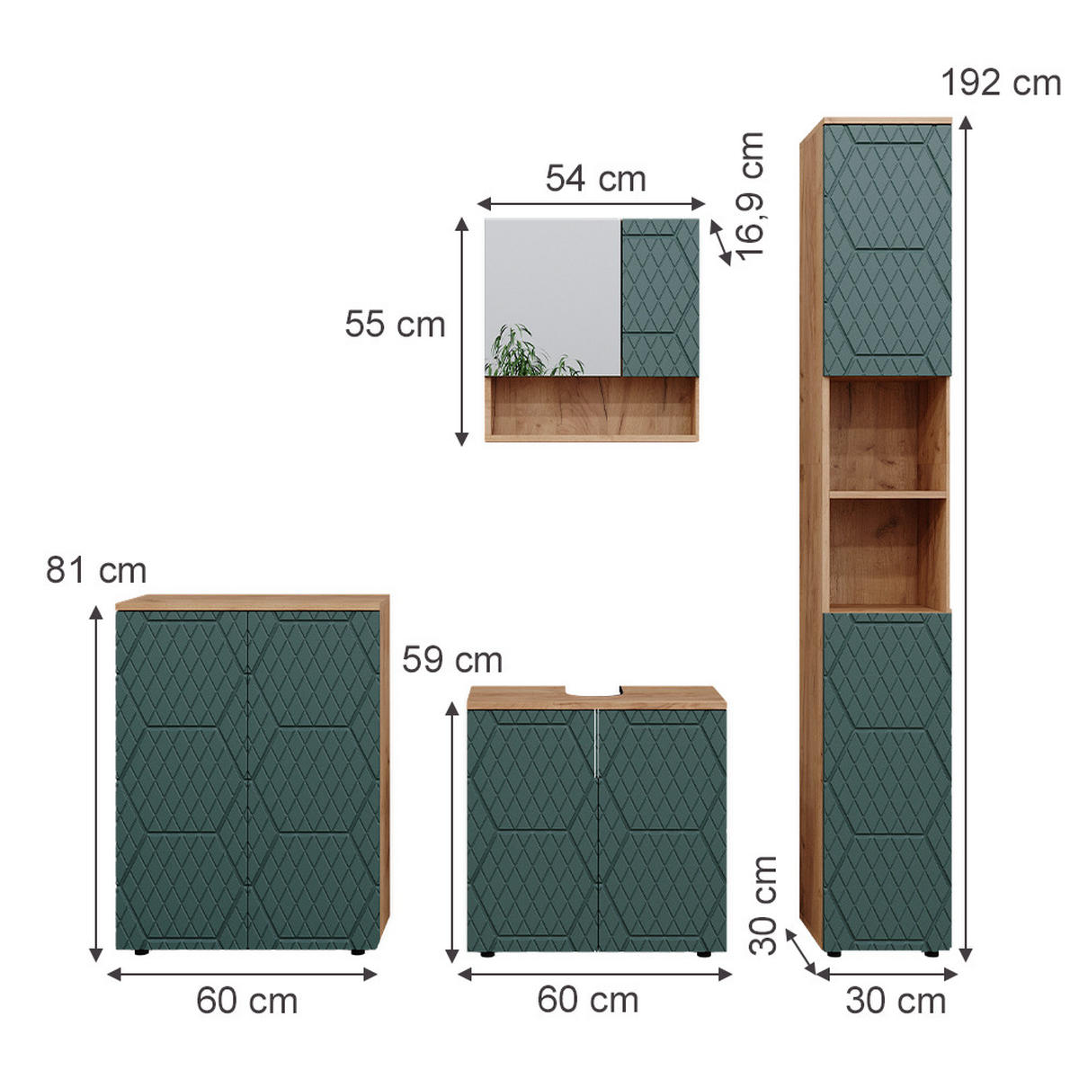 BADMÖBEL-SET Irma Grün 4 Teile, mit Hochschrank und Kommode - Eiche Wotan/Grün, Holzwerkstoff (80/58.6/41cm) - Vicco