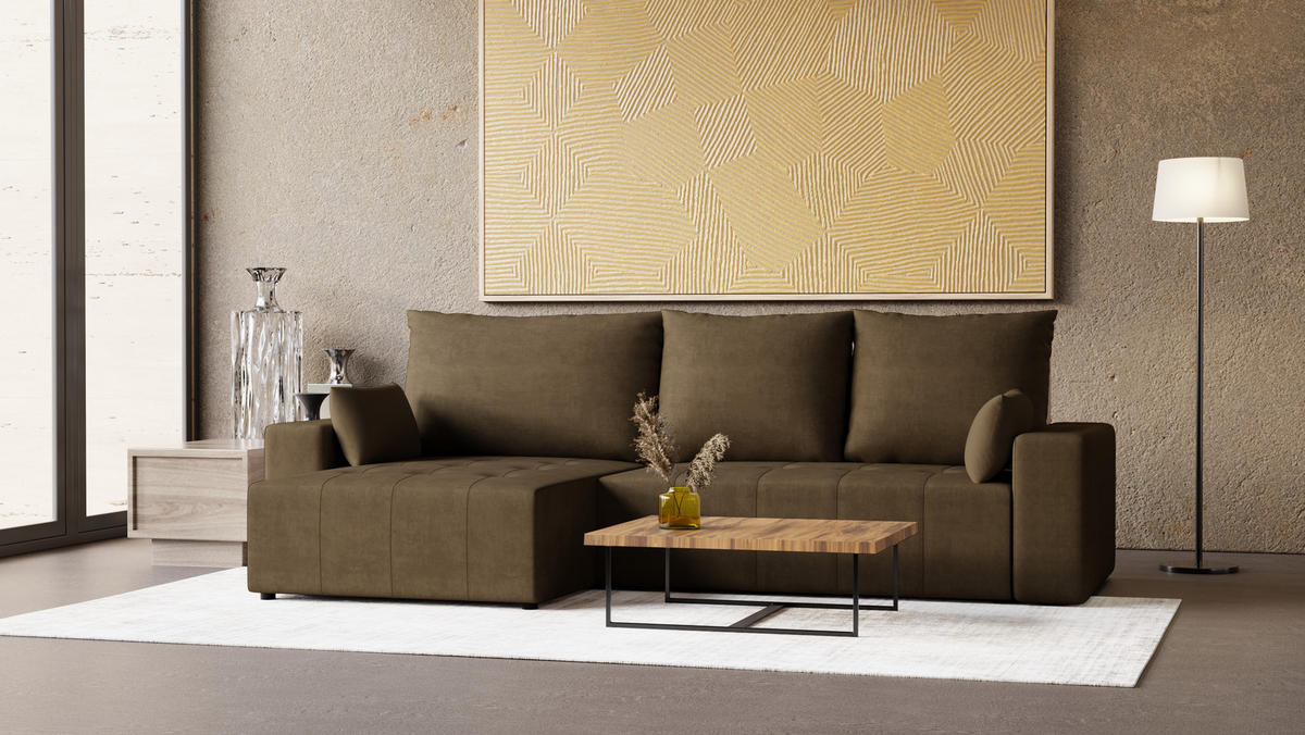 ECKSOFA Tico mit Bettkasten und Schlaffunktion, L-Form/XL-Form, Velourstoff, Universal - Braun, Holzwerkstoff (276/145cm) - 4ALL HOME