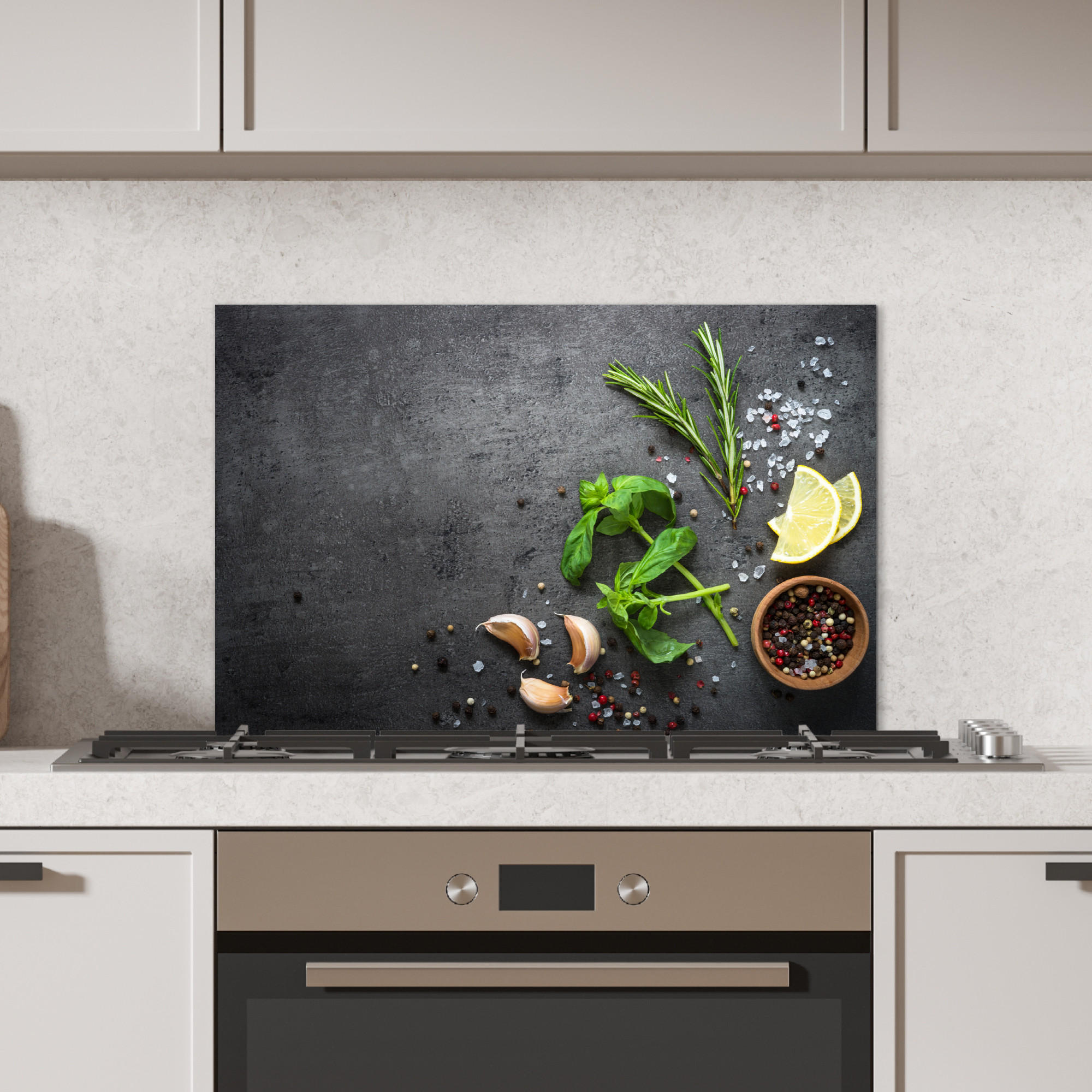 SPRITZSCHUTZ KÜCHE Limette - Kräuter - Gewürze - Grün - Grau - Beton 70x50 cm - Grün, Metall (70/0.3/50cm) - MuchoWow