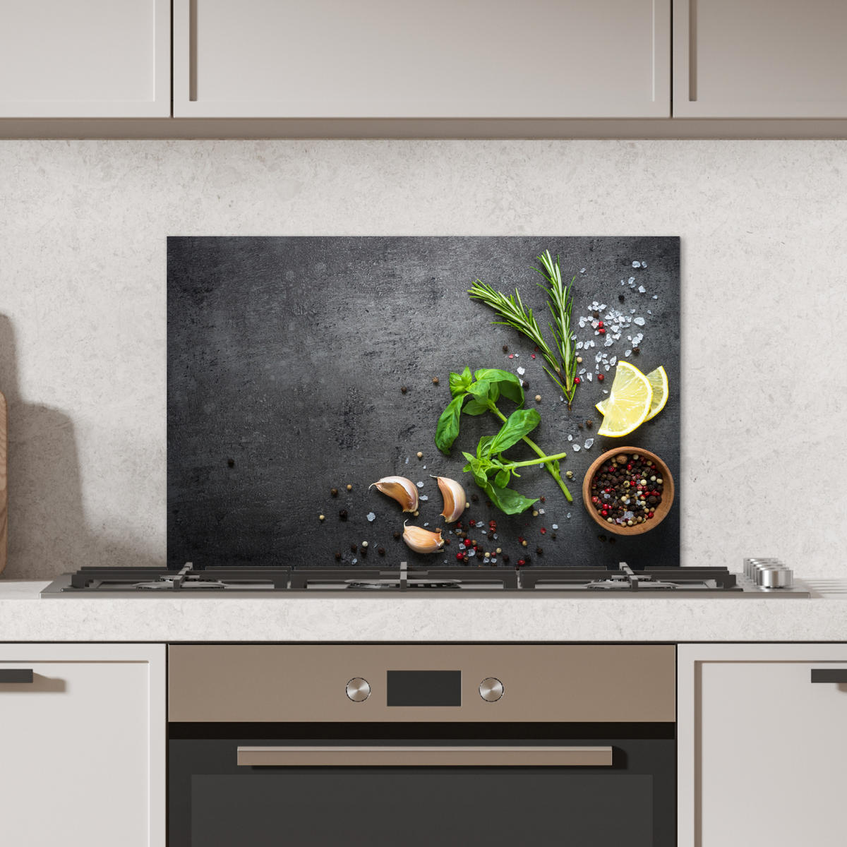 SPRITZSCHUTZ KÜCHE Limette - Kräuter - Gewürze - Grün - Grau - Beton 70x50 cm - Grün, Metall (70/0.3/50cm) - MuchoWow